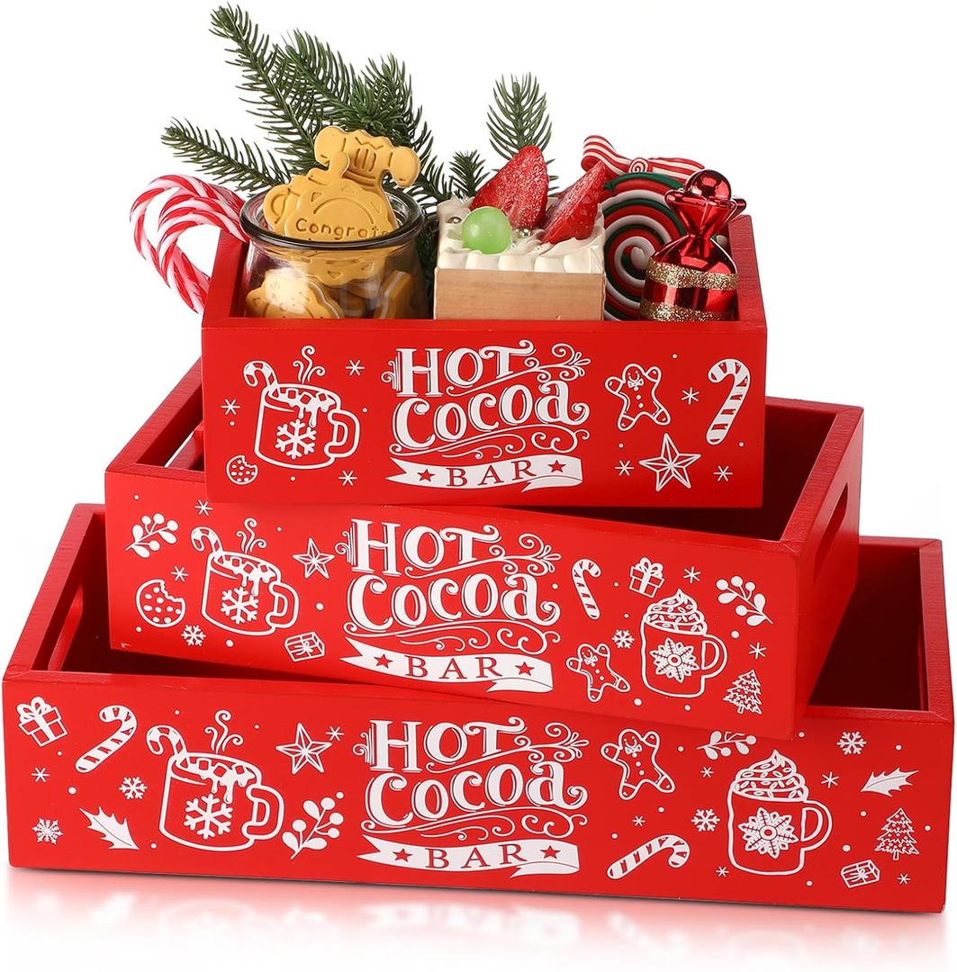 Sliner 3 Pcs Christmas Hot Cocoa Bar Wood Storage Box Rustic Farmhouse Wooden Storage Bins Decorative Wooden Basket Bins Xmas Wood Crate Organizer for Kitchen Office Bathroom Laundry Farmhouse Gift