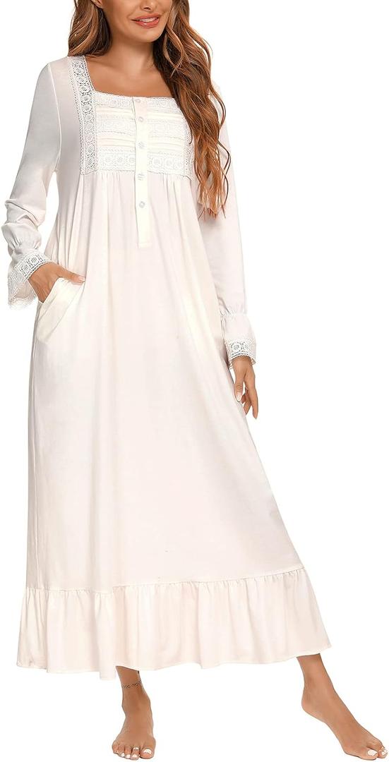 Women Long Sleeve Button Embroideries Victorian Nightgowns Ruffle Cute Sleep Dress Nightdress Pajamas Dress  (Large, White-new)