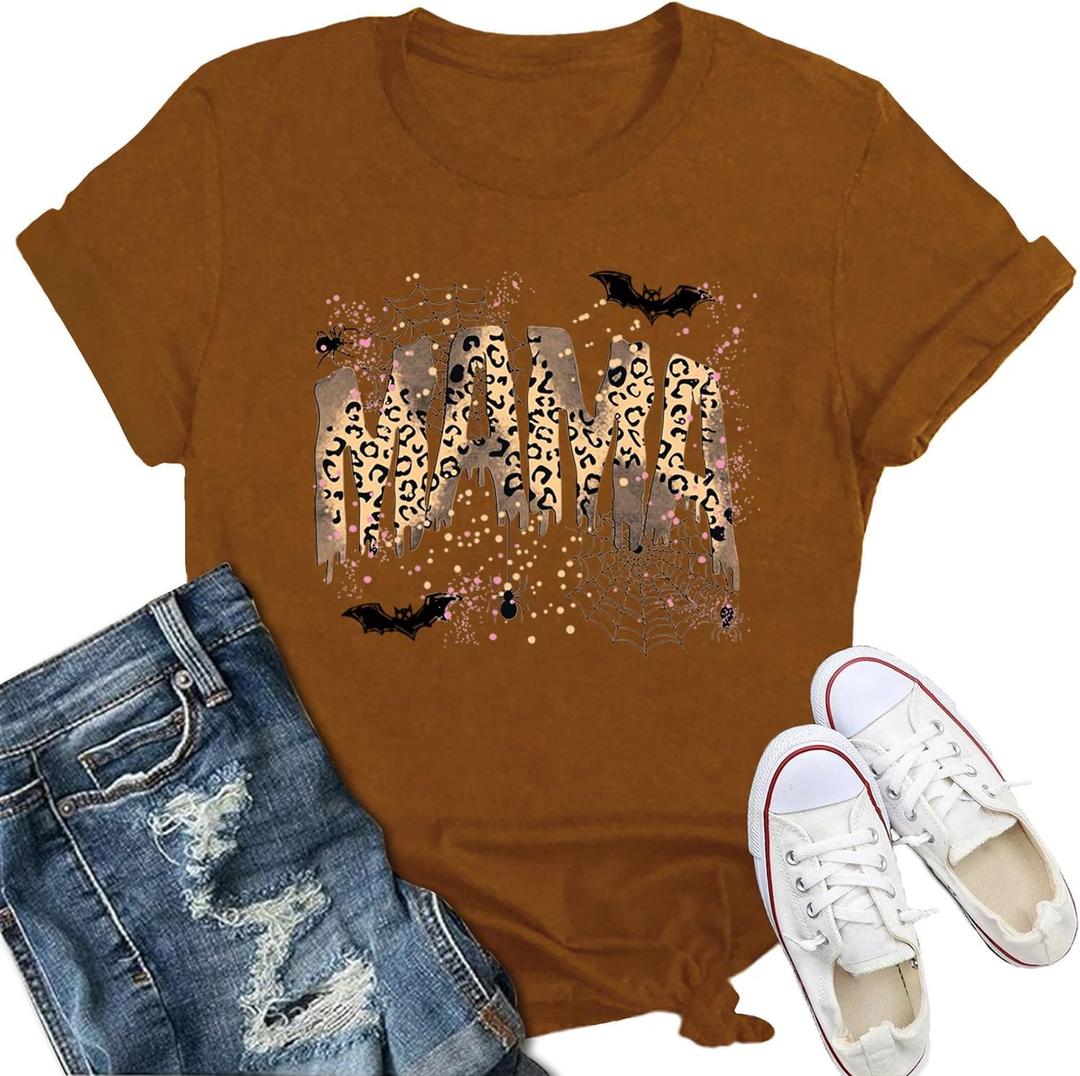 Halloween Shirts for Women Spooky Mama T-Shirt Funny Leopard Cobwebs Crewneck Tee (Brown, XL)