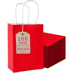 Bakepacker 100 Pcs Red Mini Paper Gift Bags with Handles 6"x4.5"x2.5" Party Favor Bags Multiple Uses (Mini size)