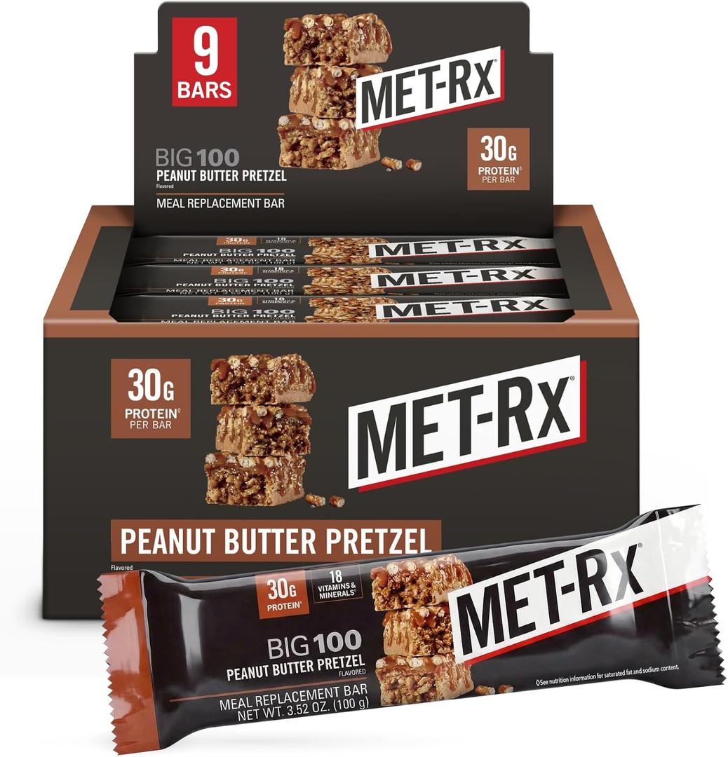 MET-Rx Big 100 Colossal Protein Bars, Great as Healthy Meal Replacement, Snack, and Help Support Energy, Peanut Butter Pretzel, With Vitamin A, Vitamin C, and Zinc, 100 g, (Pack of 9) (EXP 02/02/27)