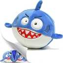 3 in 1 Squeaky Soft Plush Durable Dog Chew Toy for Aggressive Chewers, No Stuffing Interactive Tough Rip & Reveal Crinkle Blue Shark Ball in Gift Box, Puppy, Small & Large Breed Pets Birthday Present