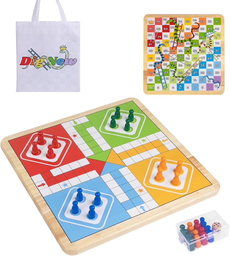 12 Inch Wooden 2-in-1 Ludo & Snakes Board Game, Reversible Travel Set with Storage Bag & Organizer Box (All-in-One Storage)