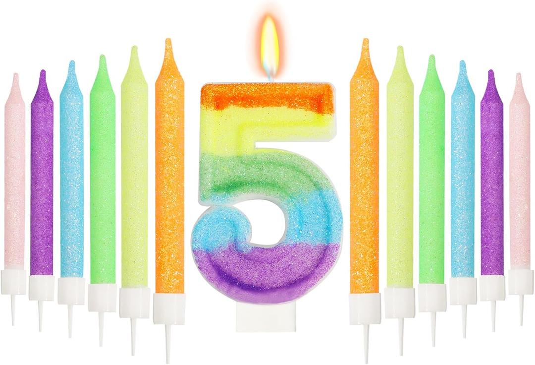 Rainbow 5th Number Candle for Cake, 13 Pcs Birthday Candles Set, Pastel Rainbow Cake Topper Birthday Party Decorations (Number 5)