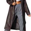 chouyatou Women's Casual Lapel Open Front Pu Faux Leather Long Trench Coat with Belt L