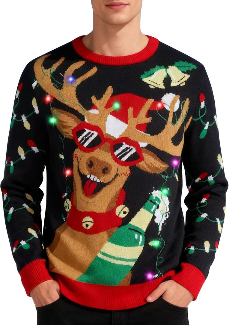 Goodstoworld Men/Women Light Up Knitted Ugly Christmas Sweater with Multi-Colored Led Flashing Lights (Large, Reindeer 07)