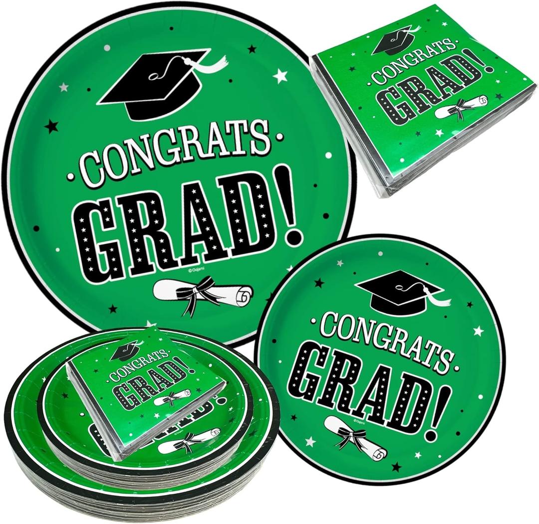 Oojami 75 pcs Graduation Plates Includes 25 Dinner Plates, 25 Dessert Plates, and 25 Napkins Graduation party supplies class of 2024 dinnerware decoration (Green - 75 Pack)