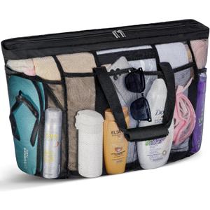 Lifewit Mesh Tote Bags for Women, Extra Large Mesh Tote Bags with Zipper and Pockets, Lightweight Shower Caddy, Beach Essentials for Family, Pool Bag Basket for Women Vacation, Swimmers Black