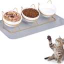 Trosetry Cat Bowls Set of 3, Ceramic Raised Cat Food Bowl with Pet Food Mat Elevated 15Tilted Kitten Drink Bowl Gold Stand for Food and Water Anti Vomiting Dish for Indoor Cats Puppy and Small Dogs