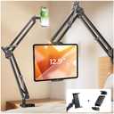 LISEN Tablet Stand iPad Stand for Desk Mount [Ultra Sturdy 2 Clamps] iPad Holder for Tablet Holder Mount Desk Accessories for Men fits iPad Air, iPad 12, iPhone 17e, 4-13" Device (Black)