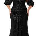 Women's Plus Size Off Shoulder Puff Sleeve Sequin Formal Maxi Dress Evening Party Gowns (3X-Large, Black)