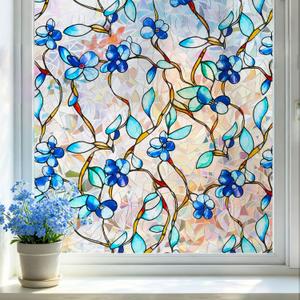 Rainbow Window Privacy Film, Heat & UV Blocking Stained Glass Static Cling with Blue Vine Floral Pattern for Home, Bathroom Window or Door (Installation Tools, 23.6"x78.7")