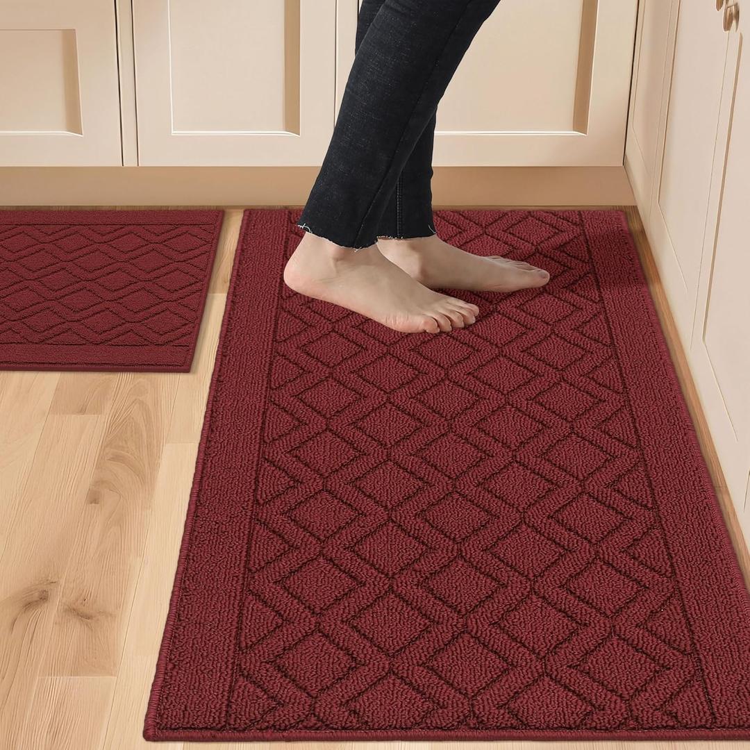 COSY HOMEER 48x20 Inch/30X20 Inch Kitchen Rug Mats Made of 100% Polypropylene 2 Pieces Soft Kitchen Mat Specialized in Anti Slippery and Machine Washable,red (20"x30"+20"x48")