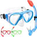 Kids Snorkel Set Dry Top Snorkeling Gear for Kids Youth Boys Girls Junior Age 5-15,Tempered Glass Swimming Diving Mask and Snorkel Set 180 Degree Panoramic View (Blue+Blue)