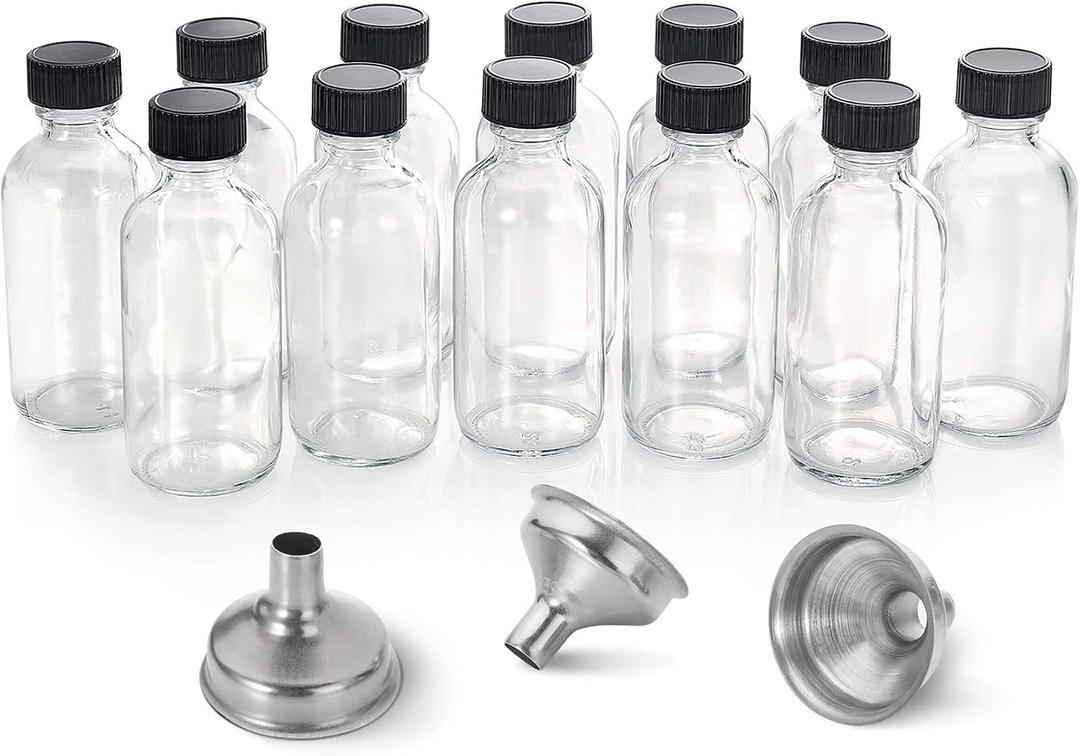 AOZITA 12 Pack, 2 oz Small Clear Glass Bottles w/Lid & 3 Funnels - 60ml Boston Shot Bottles for Health, Immunity, Potion, Wellness, Sample, Ginger, Juice - Mini Personal Care & Beauty Travel Bottle