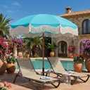 7ft Patio Umbrella with Fringe, Boho Beach Umbrellas, Outdoor Tassels Umbrellas with Push Button Tilt & Carrying Bag, 8 Windproof Fiberglass Ribs, UPF50+