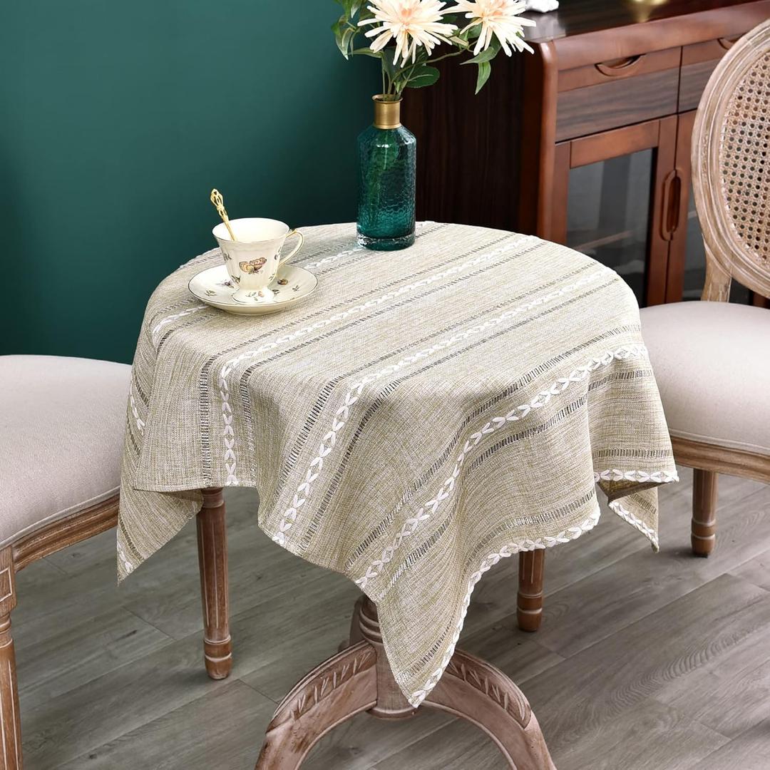 NEWISHER Rustic Farmhouse Embroidered Small Square Tablecloth Jacquard Striped Table Cloth Linen Texture Washable Side Table Cover Kitchen Dining Home Decoration Yellow 36x36 inch, Almond Buff