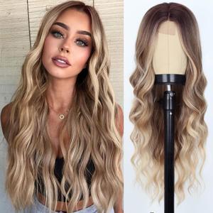 WERD Long Dirty Blonde Wig for Women Ombre Wavy Blonde Wigs Synthetic 26 Inch Middle Part Curly Blonde Wig for Cosplay Party Use