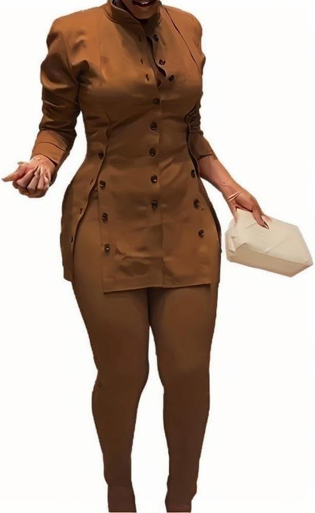 Women's Curvy Button Front Pant Suit Set, Plus Size Professional Two-Piece Long Sleeve Suit (4X, Brown)