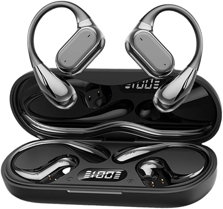Earbuds Open Ear Wireless Bluetooth Headphones, Pain-Free Air Conduction Ear Buds with LED Digital Display Charging Case, Sweat Resistant for Running, (Black)