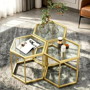 Hexagonal Modular Coffee Table, Gold Plated Frame, Tempered Glass Top, Geometric Accent Side Table, Multi-Purpose Nesting Table for Living Room Bedroom, Set of 3