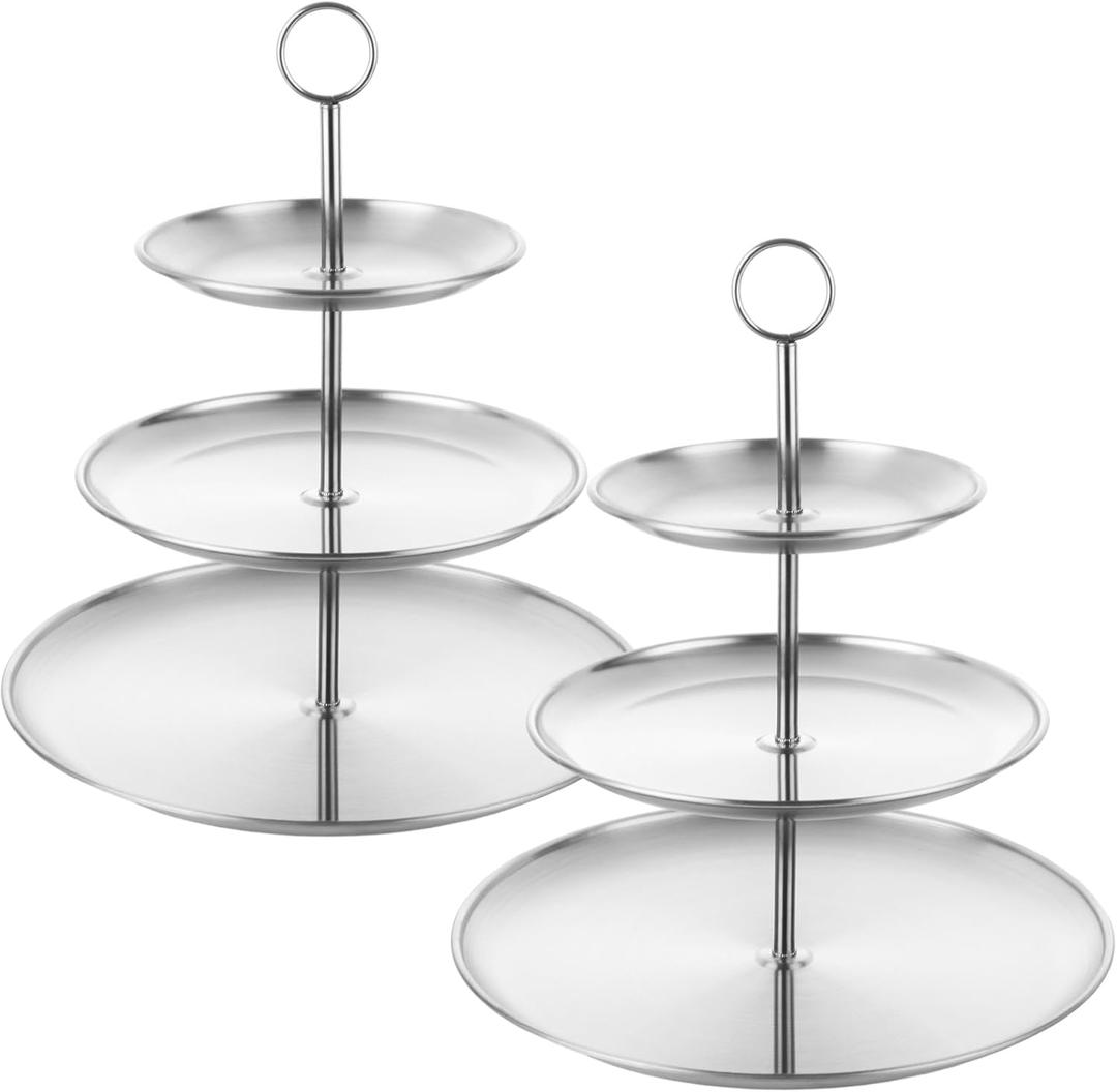 Vankcp 2 Pcs 3 Tier Silver Cupcake Stand, Stainless Steel Tiered Dessert Stand, 3Tier Cupcakes Stands for Desserts, Snacks, Stainless Steel Cup Cake Tower for Birthday Party Weddings Holidays