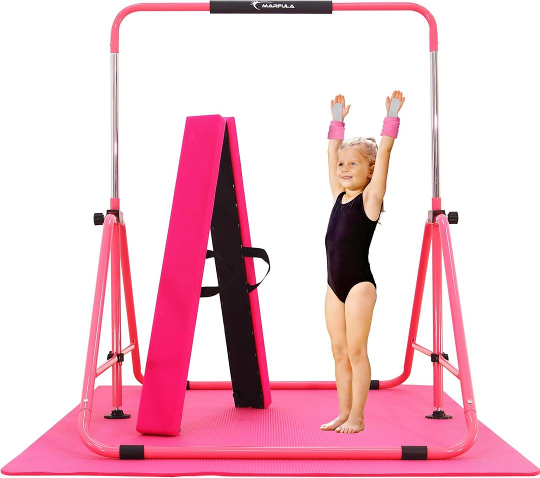 MARFULA Foldable Gymnastic Bar for Kids Ages 3-12, 9 Height Levels, 200 lbs Weight Capacity, 5 Ft Length Gymnastic Kip Bar with Mat, Gymnastic Equipment for Home and Gym Center Indoor Outdoor Use