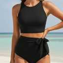 Aqua Eve Women High Waisted Bikini Set Racerback Swimsuit Two Piece Bathing Suit High Neck Swimwear (Black, M)