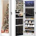 SONGMICS 6 LEDs Mirror Jewelry Cabinet, 47.2-Inch Tall Lockable Wall or Door Mounted Jewelry Armoire Organizer with Mirror, 2 Drawers, Christmas Gift, 3.9 x 14.6 x 47.2 Inches, White