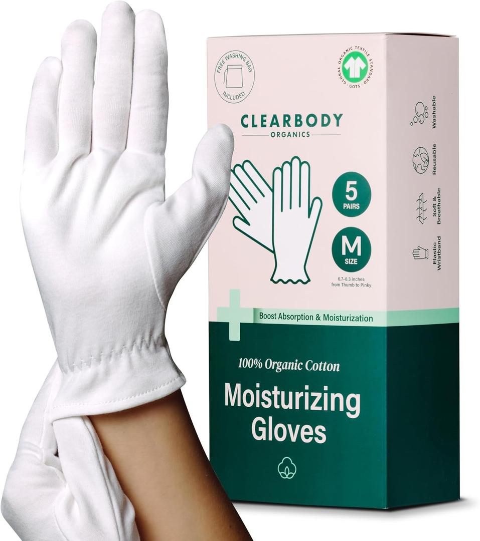 Clearbody Organics White Organic Cotton Gloves 5 Pairs (10 Pcs)  100% Organic Cotton Gloves for Dry Hands Reusable Moisturizing Gloves for Cracked Hands Repair (Medium)