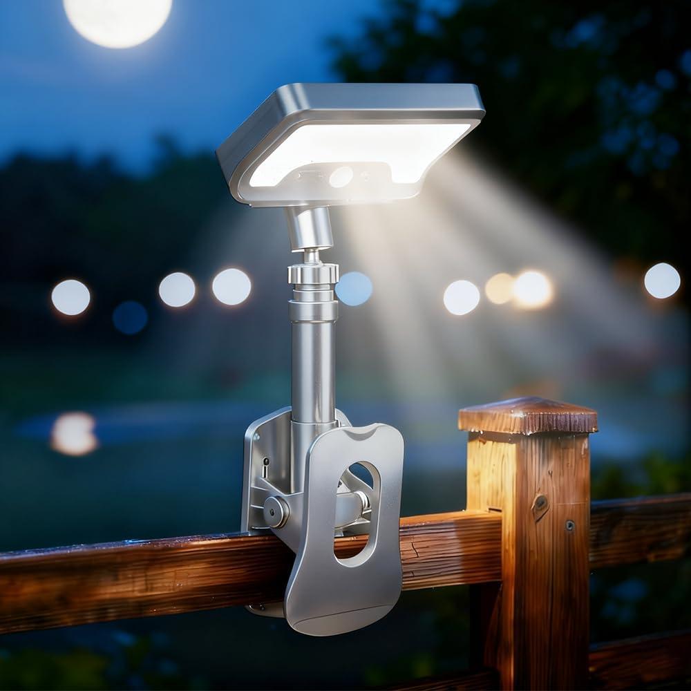 Clip On Solar Motion Sensor Light Outdoor, 600LM 3 Modes IP65 Waterproof, Adjustable Angle 1-Second Installation for Fence, Camping, Deck & Gutter (Silver)