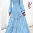 PRETTYGARDEN Women's Fall Dresses 2025 Long Sleeve Flowy Casual Floral Maxi Dress Crew Neck Smocked Tiered Long Dress (Blue, L)