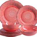 12-Piece Farmhouse Melamine Dinnerware Set, Elegant Unbreakable plates and bowls sets, BPA Free Dinner Dishes serving Set, Service for 4, Perfect for Indoor/Outdoor Dining, Peach pink Red