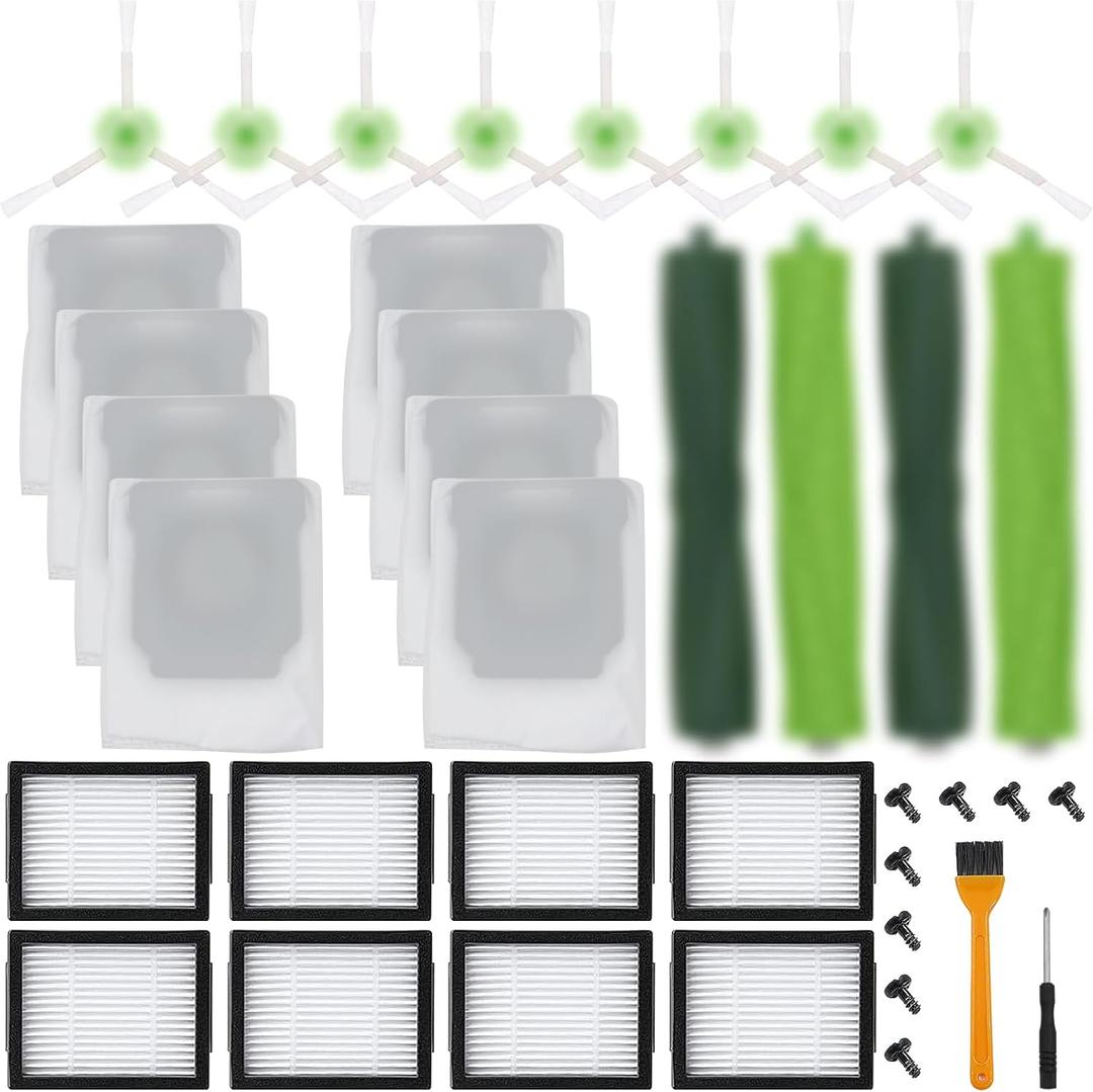 26 Pack Compatible with E/i/j Series Replacement Parts, E5 E6 E7 i2 i3 i3+i4 i4+ i6 i6+ i7 i7+ i8 i8+/Plus, 2 sets of multi-surface rubber roller brush 8 filters 8 side brushes 8 bags (Green26)