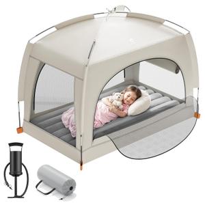 QPAU Inflatable Toddler Travel Bed with Tent  Lightweight Blow Up Kids Air Mattress with Hand Pump  Indoor & Outdoor Portable Sleeping Solution for Camping, Travel, Home, Grandmas  Ages 3+ (A-Khaki Gray)