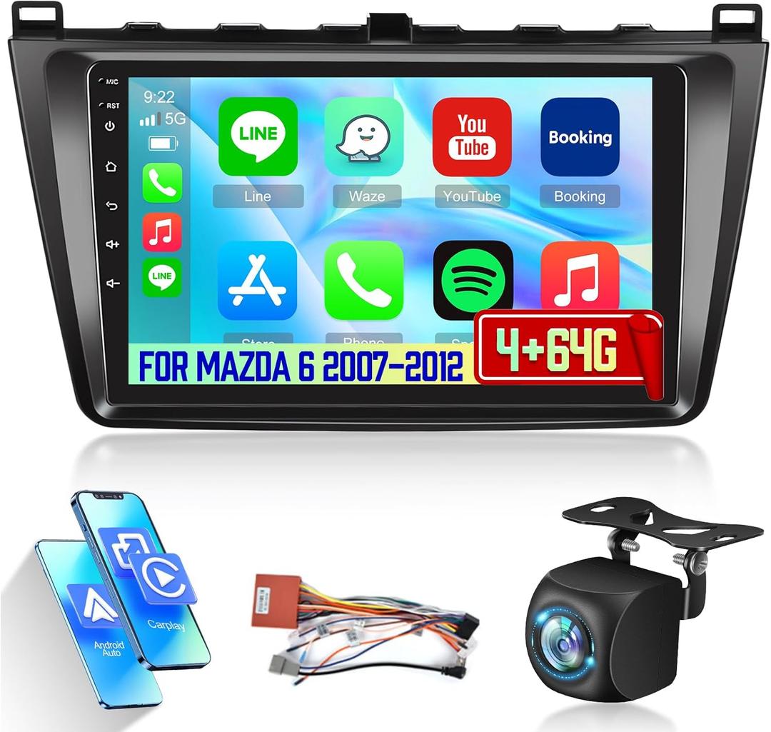 [Qualcomm 8 Core 4+64G] Car Radio for Mazda 6 2007-2012 with Wireless Carplay and Android Auto - 9 Inch 1280 * 720 IPS Touchscreen Android Car Stereo - DSP/GPS/SWC/Bluetooth + AHD Backup Camera