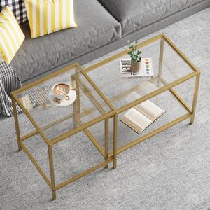 Nesting Coffee Table,Small Glass Coffee Table Set of 2,Black Modern Center Sofa Side Tea Table for Living Room,Bedroom and Small Spaces,2 Tier Tempered Glass, Easy Assembly,Gold