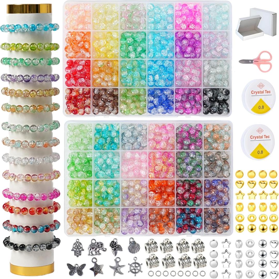REVKI 1300PCS 8mm Mixed Crackle Glass Beads for Bracelets Making with Accessories, 48 Colors Crystal Glass Beads Jewelry Making Kit, Round Beads for DIY Bracelet Crafts