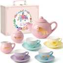 G.C Porcelain Tea Set for Girls Kids - 13pcs Pastel Tea Party Set with Gold Unicorn, Ceramic Teapot & Cup & Saucer & Suitcase, Pretend Play Christmas Birthday Gift Unicorn Toys for Girls 3 4 5 6