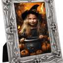 AHC HOME & LIVING 4x6 Halloween Picture Frame  Antique Silver Skeleton Metal Photo Holder, Gothic Haunted House Dcor for Tabletop & Wall Display