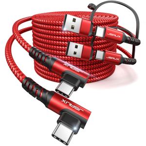 JSAUX 100W USB C Cable [2-Pack 10FT], Right Angle Fast Charging Cord with USB A to C Adapter for iPhone Air/iPhone 17/ iPhone 17 Pro/iPhone 17 Pro Max, iPhone 16/15, Samsung, MacBook, iPad - Red