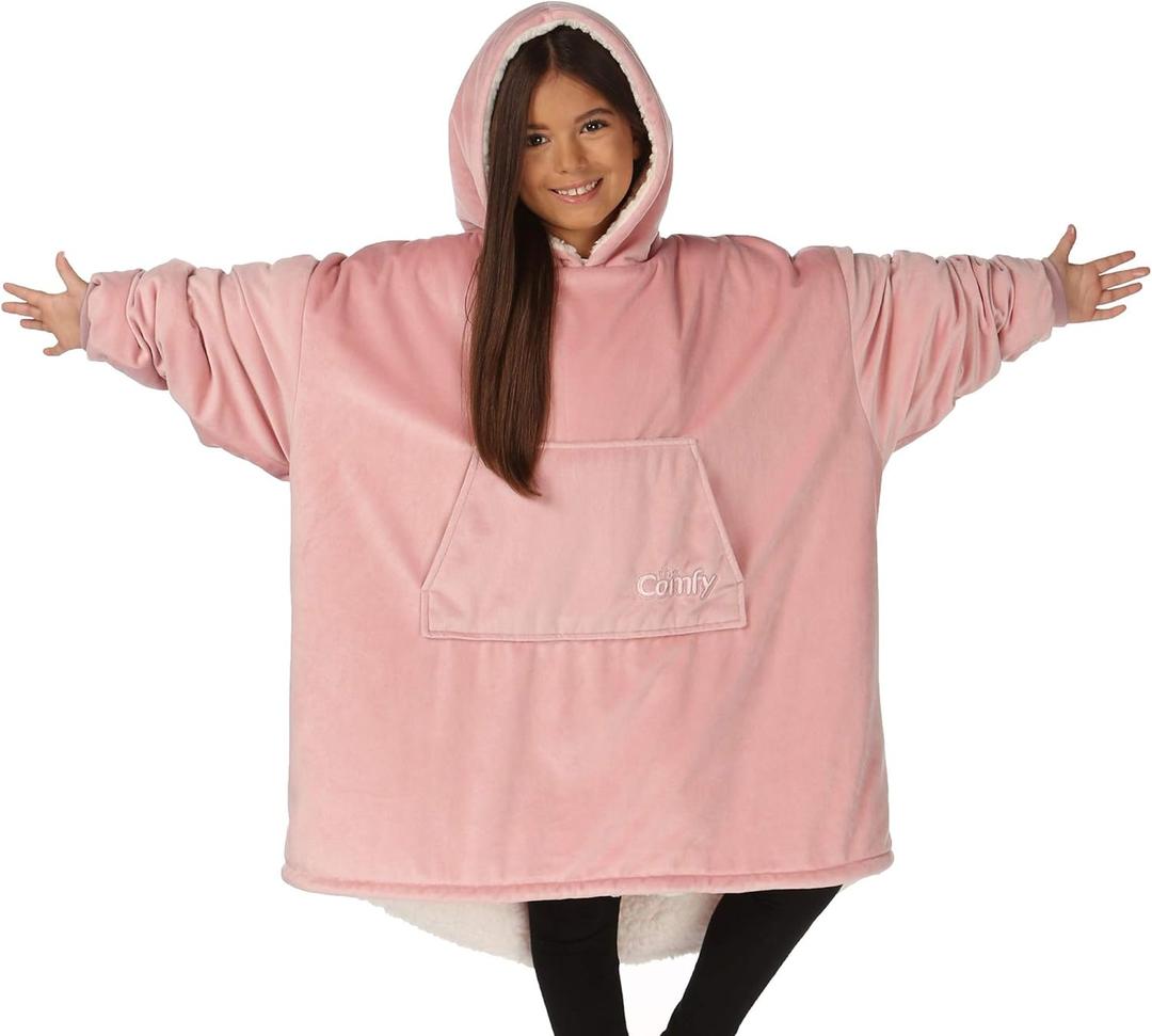 THE COMFY Original Jr | Oversized Sherpa Fleece Wearable Blanket for Kids with Hood & Pocket | Seen on Shark Tank (Blush)
