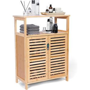 Bamboo Storage Cabinet with Doors, Floor Freestanding Cabinet with Shelves for Bathroom, Kitchen, Living Room