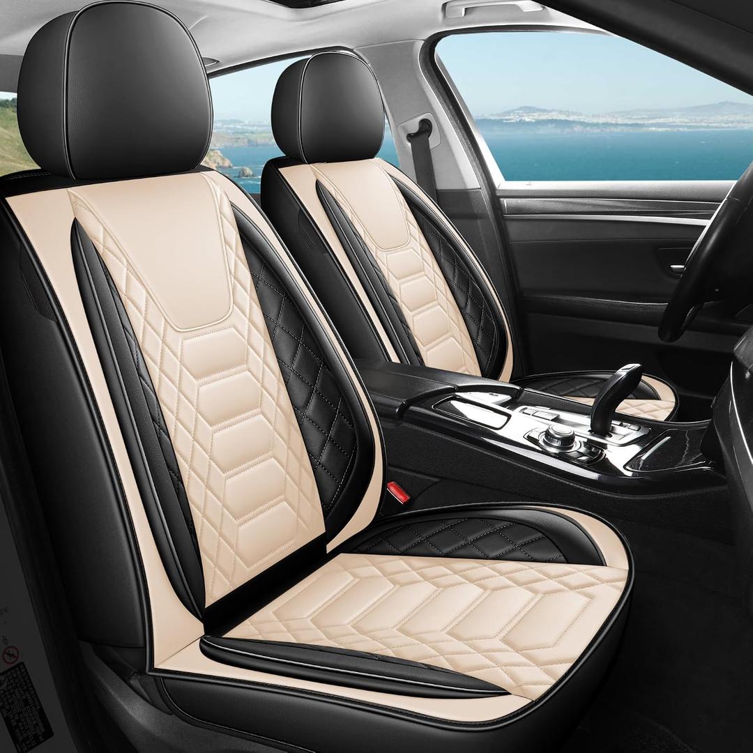 FREESOO Universal Full Seat Covers, Waterproof Faux Leather Automotive Seat Covers with Carbon Fiber Texture Seat Belt Pads, Anti-Slip Airbag Compatible Car Seat Covers for Cars SUVs Trucks