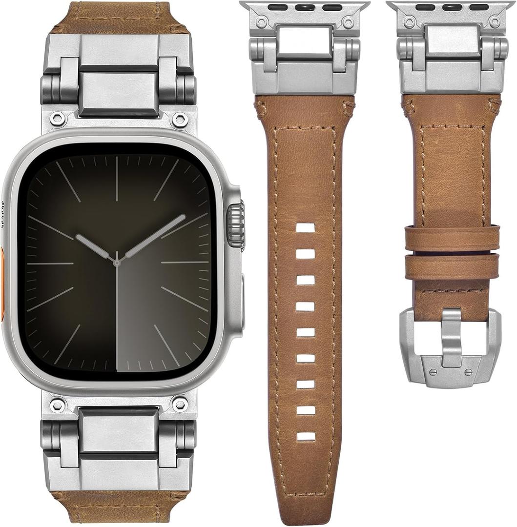 Rugged Genuine Leather Band for Apple Watch Ultra 2/1 Band for Men 49mm 46mm 45mm 44mm 42mm,Comfortable Replacement iWatch Bands with Metal Stainless Steel Connector for Series 10 9 8 7 SE 6 5 4 3 2 1 SE (brown)