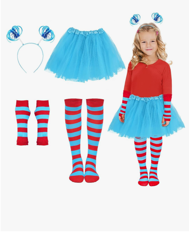 Blue Tutu Skirt, Ponytail Headband, Blue Red Striped Fingerless Gloves, Over Knee High Socks (XS)