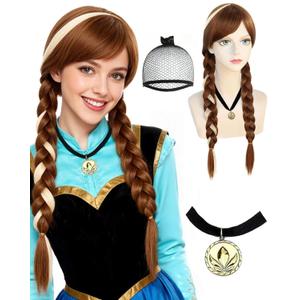 Anogol Hair Cap+ (1 Necklace) Long Brown Braided Ponytails Wig Brown Braids Princess Wigs Women Princess Cosplay Halloween Anime Party Costume Auburn Wig with Blonde Highlight Brown Braided with Bangs