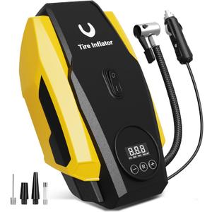 Tire Inflator Portable Air Compressor - Air Pump for Car Tires - 12V DC Compact Tire Pump with Auto Shutoff Function - Multipurpose Car Accessory with LED Light, Yellow, Medium
