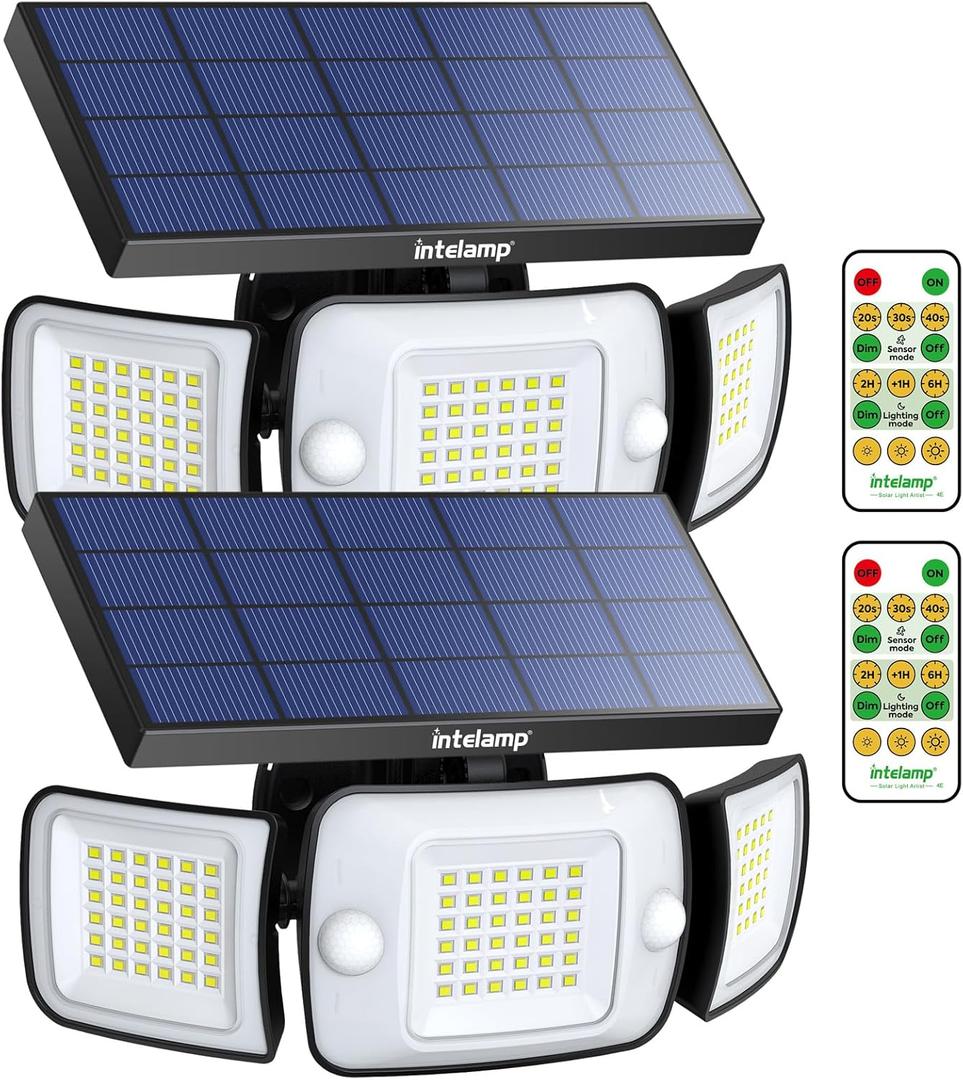 intelamp Solar Outdoor Lights 1200LM 6000mAh Security Lights with Remote Control,3 Heads Motion Sensor Light Outdoor, IP65 Waterproof,270 Wide Angle Flood Wall Lights with 4 Modes(2Pack)
