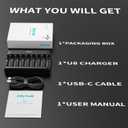 Dlyfull 8 Bay AA AAA Battery Charger with USB-C High-Speed Charging, Independent Slot for 1.2V Ni-MH Ni-CD Rechargeable Batteries, Cable Included